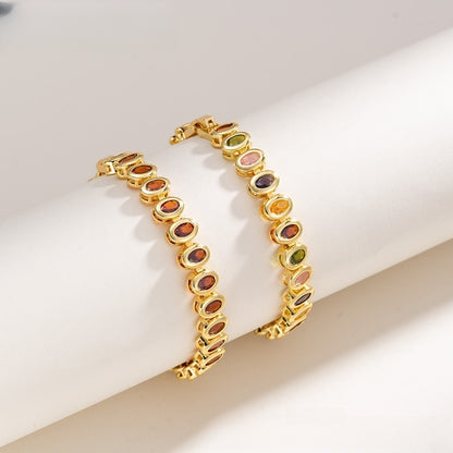Colorful Oval Crystal Link Bracelet for Women and Men, Gold Plated Fashion Statement Chain Bracelet