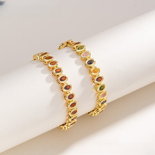 Colorful Oval Crystal Link Bracelet for Women and Men, Gold Plated Fashion Statement Chain Bracelet