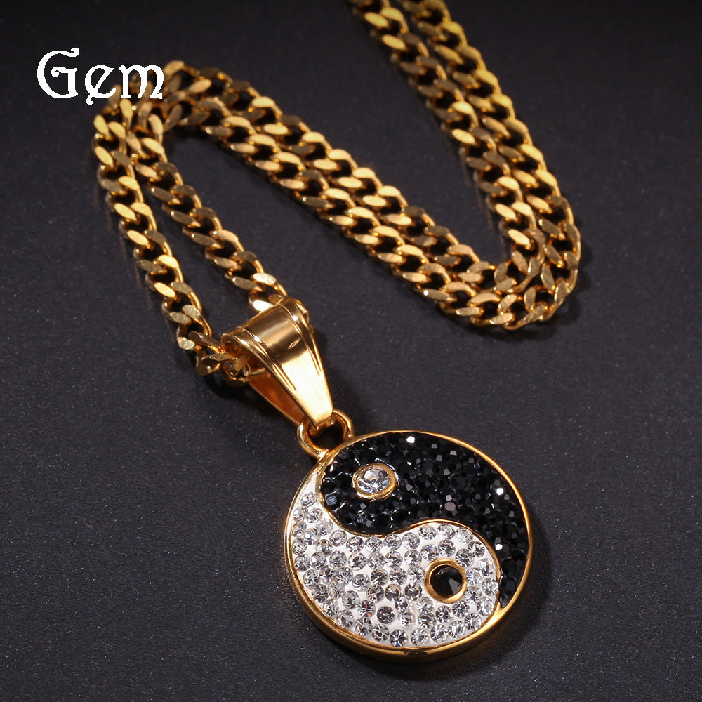 Gold Plated Stainless Steel Yin Yang Pendant Necklace with Crystal Round Charm Chain for Women and Men