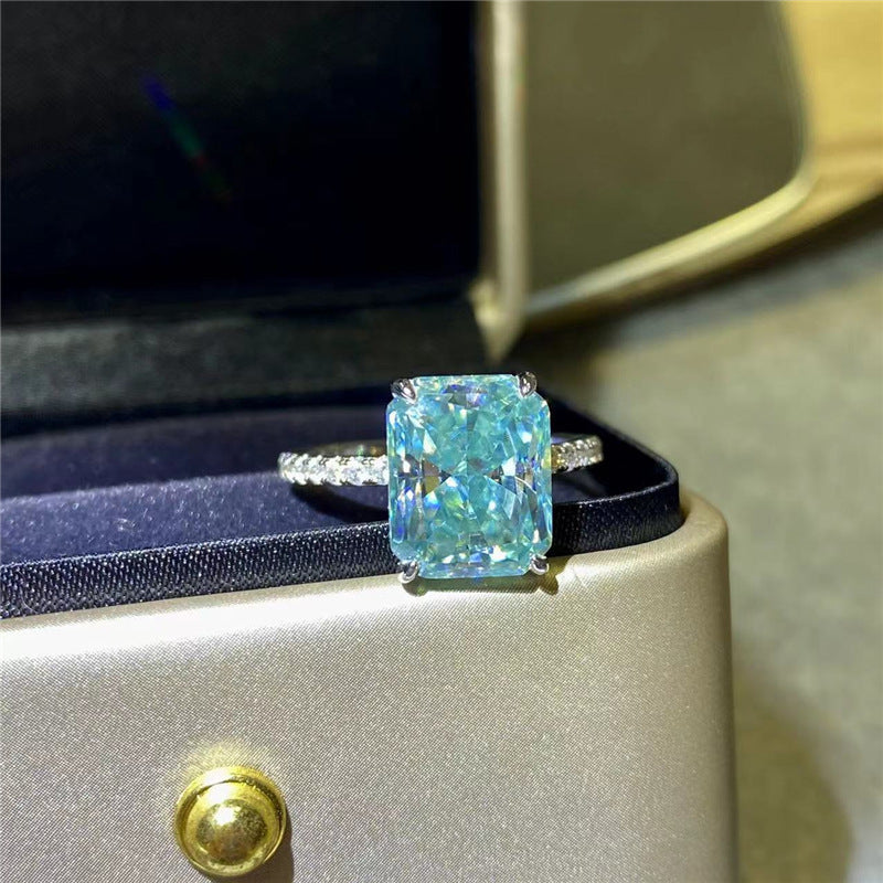 Mint Green Moissanite Ring for Women, Elongated Rectangular Stone Engagement Ring, Pave Band Promise Ring, 1 Carat 2 Carat 3 Carat 5 Carat product image