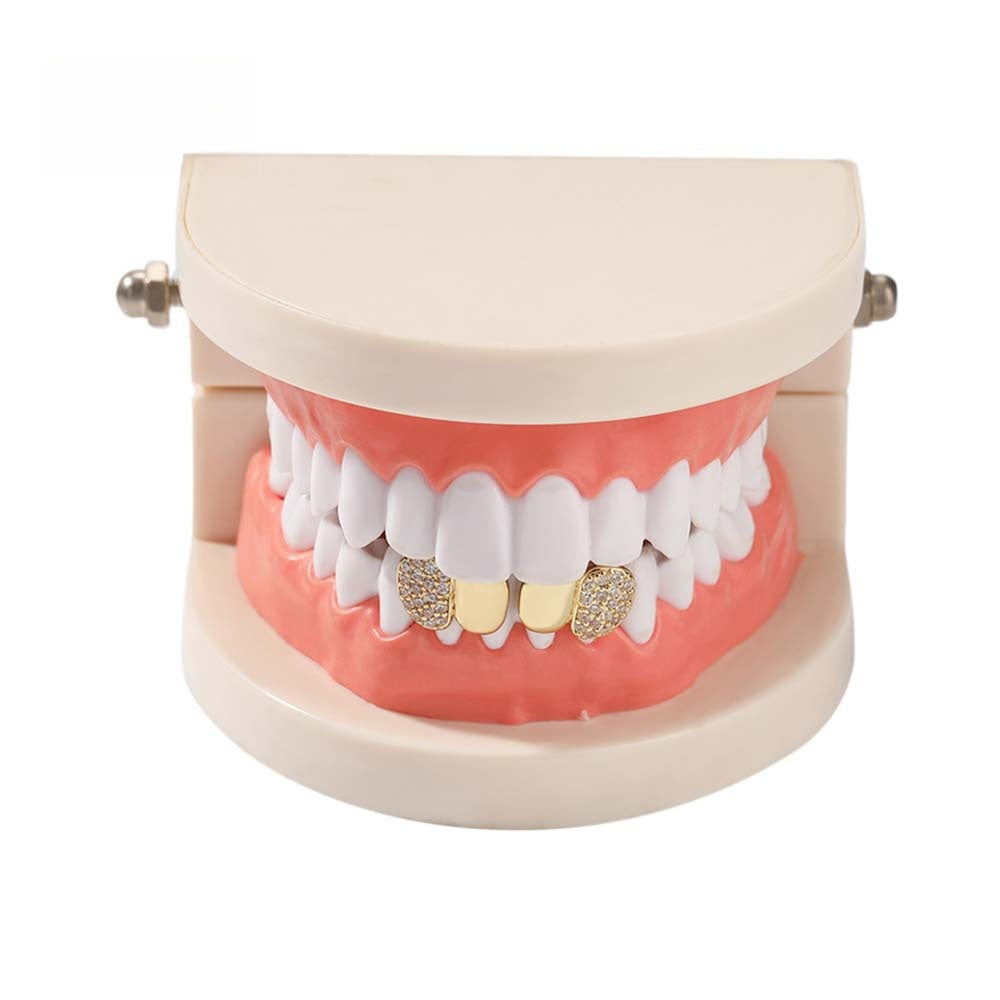 Hip Hop Tooth Grillz for Women & Men – Gold or Silver Tone Copper Dental Cap with Cubic Zirconia Iced Front Teeth Jewelry
