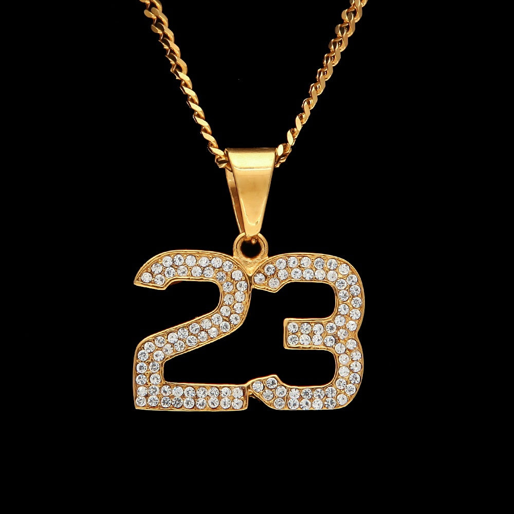 Iced Number 23 Pendant Necklace with 3mm Cuban Chain - Stainless Steel Gold or Silver Hip Hop Statement Necklace for Women and Men