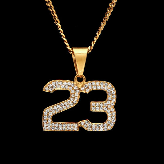 Iced Number 23 Pendant Necklace with 3mm Cuban Chain - Stainless Steel Gold or Silver Hip Hop Statement Necklace for Women and Men