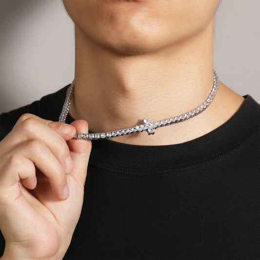 Men’s Silver Plated Cubic Zirconia Cross Chain Necklace Bracelet Set, 4MM Statement Pendant Jewelry
