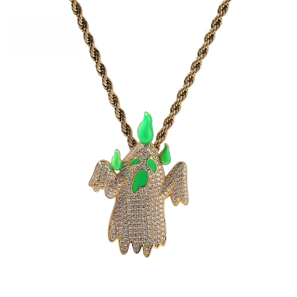 Iced Ghost Pendant Necklace for Women – Glow in the Dark Cubic Zirconia Hip Hop Chain in Gold or Silver