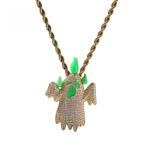 Iced Ghost Pendant Necklace for Women – Glow in the Dark Cubic Zirconia Hip Hop Chain in Gold or Silver