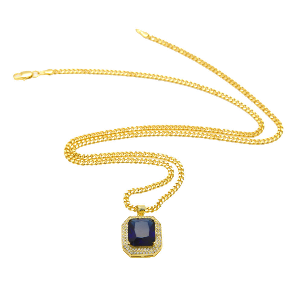 Gold Plated Blue Cubic Zirconia Rectangle Pendant Necklace with 60cm Cuban Chain