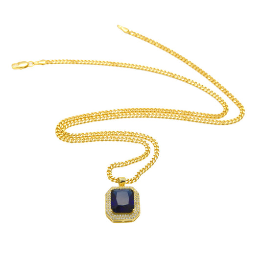 Gold Plated Blue Cubic Zirconia Rectangle Pendant Necklace with 60cm Cuban Chain