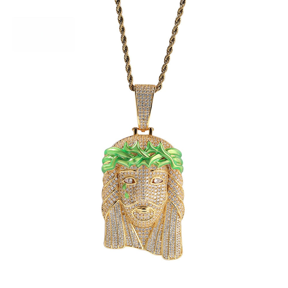 Iced Out Jesus Head Pendant Necklace for Men, Gold Tone Copper Chain with Cubic Zirconia Hip Hop Statement Pendant, 24 Inch Rope Chain