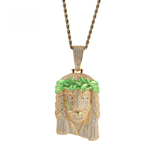 Iced Out Jesus Head Pendant Necklace for Men, Gold Tone Copper Chain with Cubic Zirconia Hip Hop Statement Pendant, 24 Inch Rope Chain