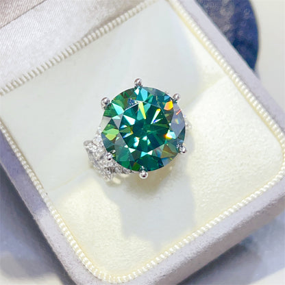 10 Carat Green Moissanite Ring for Women, Round Cut Engagement Ring with Side Accents
