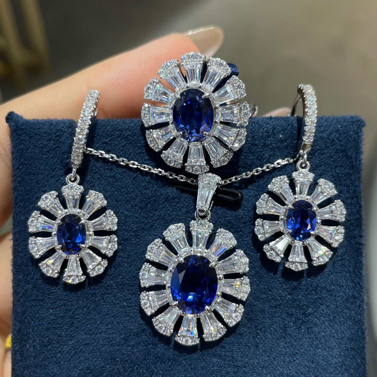 3-Carat Lab-Grown Sapphire Floral Pendant Necklace Set with Earrings & Ring product image