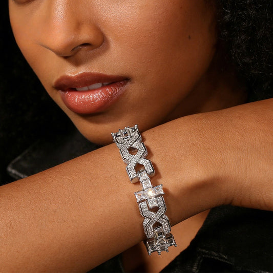 Iced Cross Chain Bracelet for Women & Men - Silver Plated Hip Hop Statement Bracelet