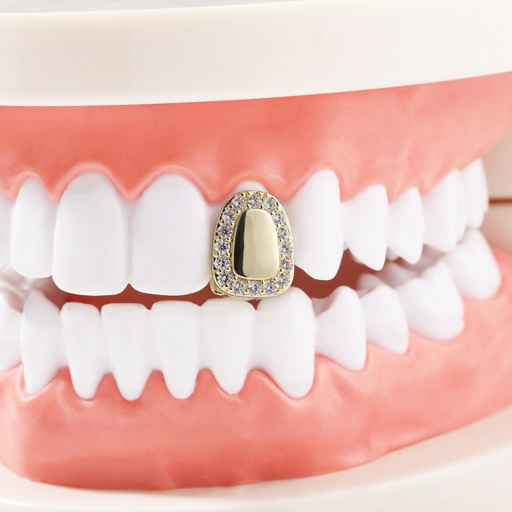 European Style Crystal Tooth Charm for Women – Gold or Silver Plated Copper Statement Dental Jewelry