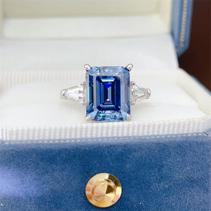 5 Carat Blue Moissanite Ring for Women, Emerald Cut Three Stone Engagement Ring
