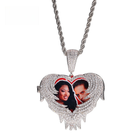 Custom Heart Photo Pendant Necklace with Cubic Zirconia Iced Out Twisted Chain for Women