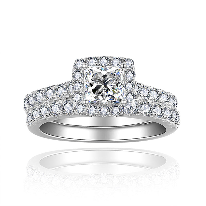 Princess Cut Moissanite Halo Ring Set for Women, Double-Layer Engagement Ring product image