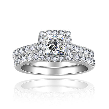 Princess Cut Moissanite Halo Ring Set for Women, Double-Layer Engagement Ring