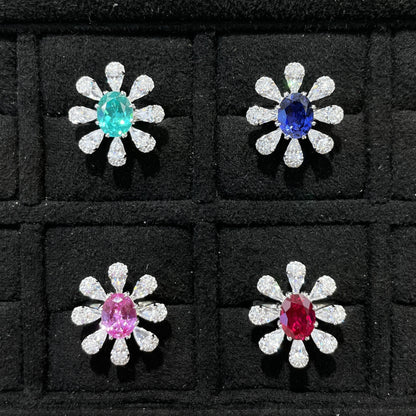 925 Silver Flower Ring, 2 Carat Oval Gemstone Daisy Cluster Ring for Women