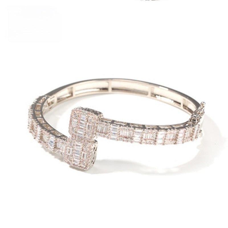 Silver tone ring-top cubic zirconia cuff bracelet front view product image