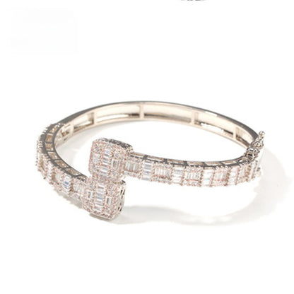 Silver tone ring-top cubic zirconia cuff bracelet front view