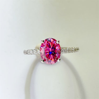 Pink Oval Moissanite Ring for Women, Classic Pavé Band Engagement Ring, 1 Carat or 2 Carat