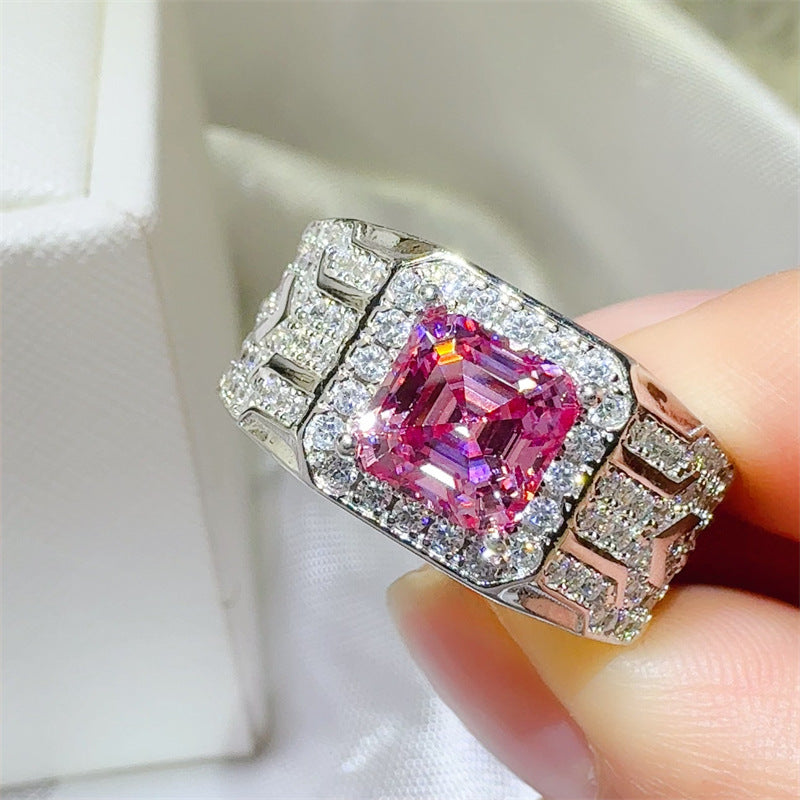 Men's Pink Asscher Cut Moissanite Ring with Halo Pavé Band product image