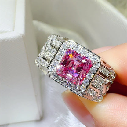 Men's Pink Asscher Cut Moissanite Ring with Halo Pavé Band