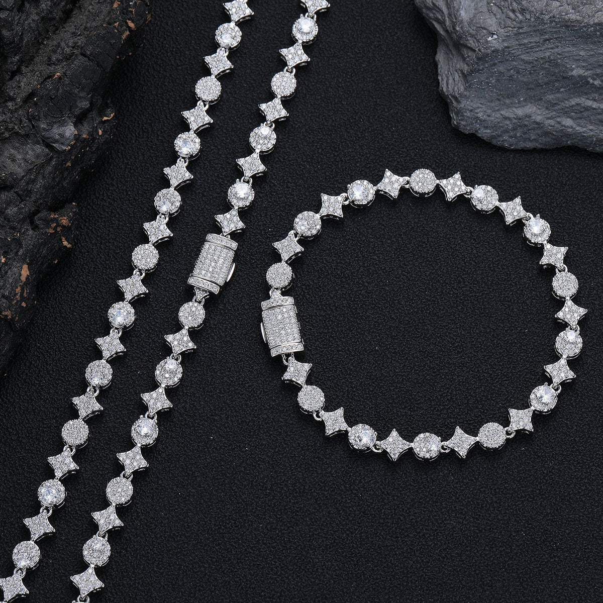 Iced Out Four-Point Star Tennis Chain Necklace and Bracelet, 9MM CZ Geometric Jewelry product image