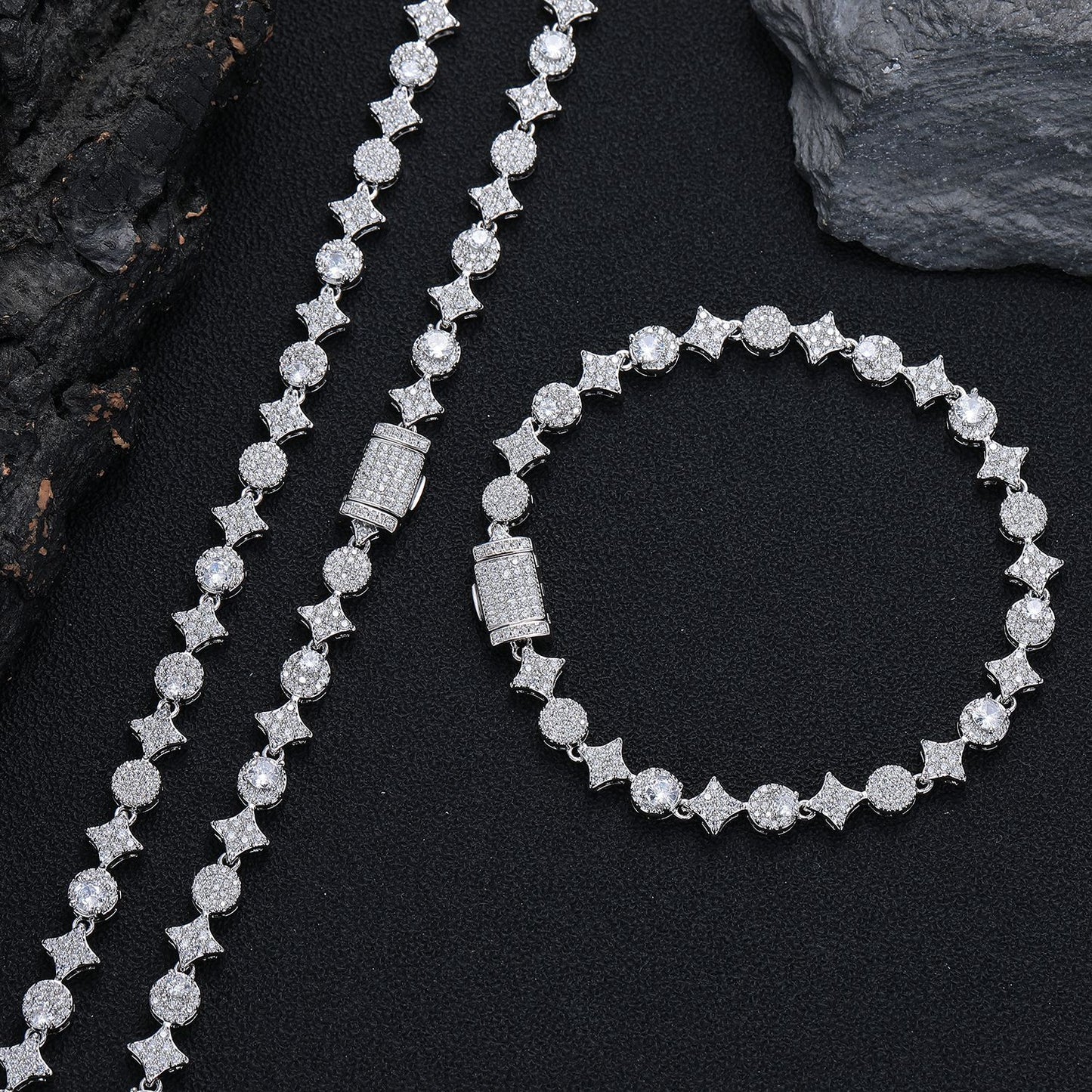 Iced Out Four-Point Star Tennis Chain Necklace and Bracelet, 9MM CZ Geometric Jewelry