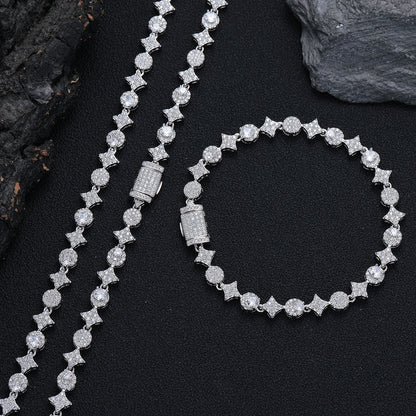 Iced Out Four-Point Star Tennis Chain Necklace and Bracelet, 9MM CZ Geometric Jewelry