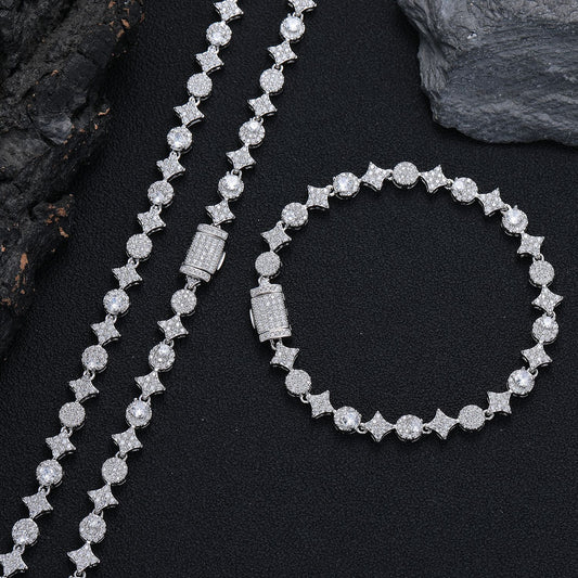Iced Out Four-Point Star Tennis Chain Necklace and Bracelet, 9MM CZ Geometric Jewelry