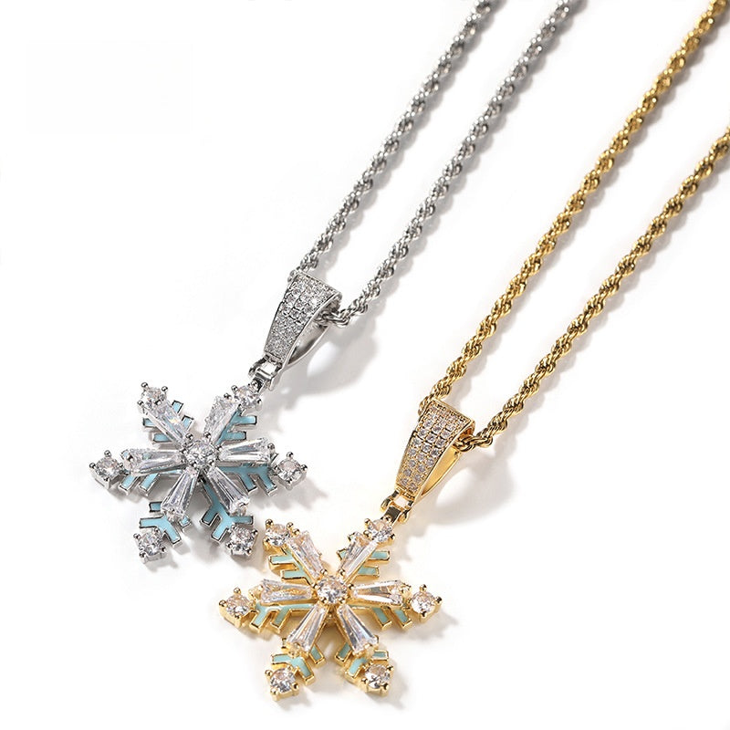 Iced Snowflake Pendant Necklace for Women – Gold Plated or Silver Plated Twist Chain Statement Necklace product image
