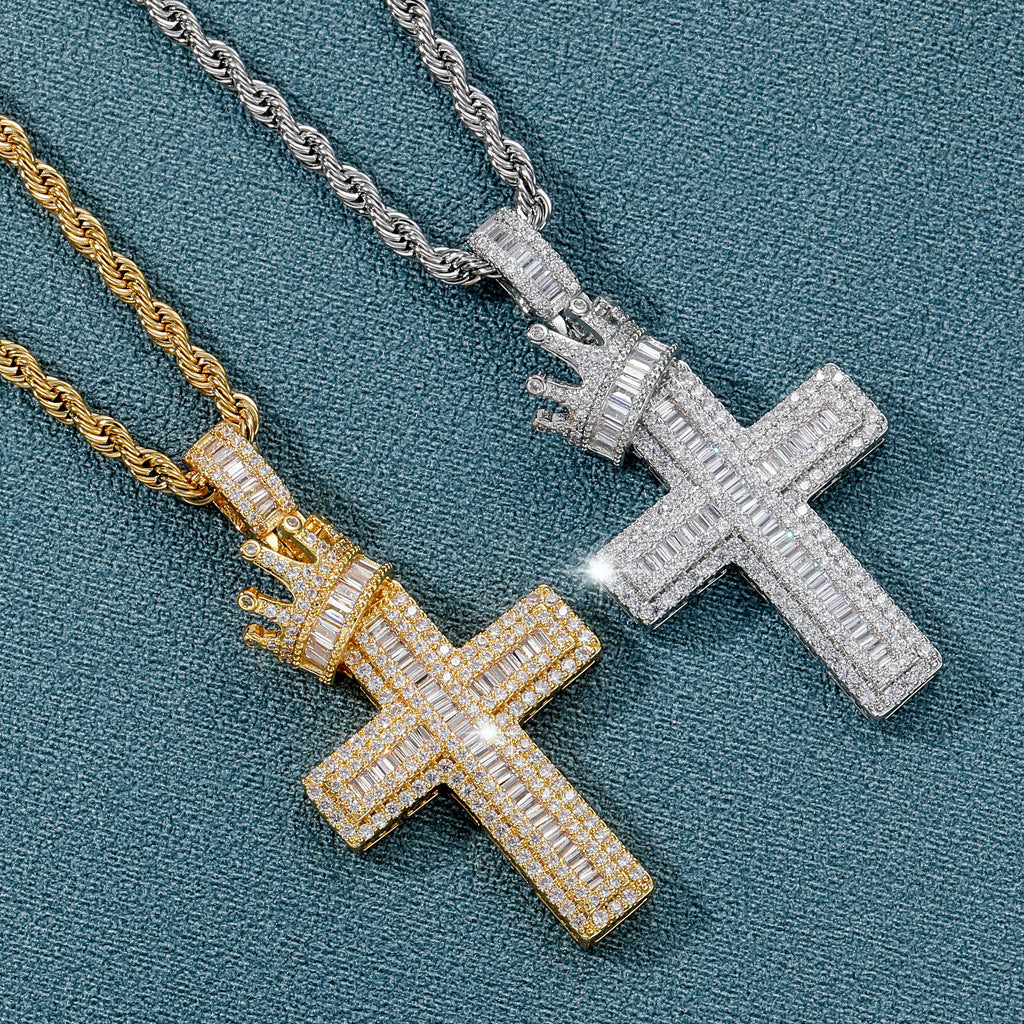 Hip Hop Vintage Cross Crown Copper Pendant Necklace for Men and Women