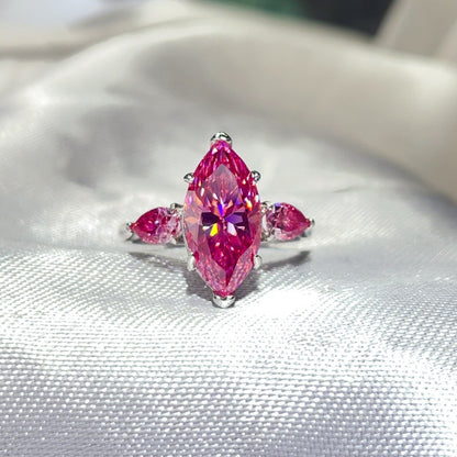 Pink Marquise Moissanite Ring for Women – 6 Carat Three-Stone S925 Ring