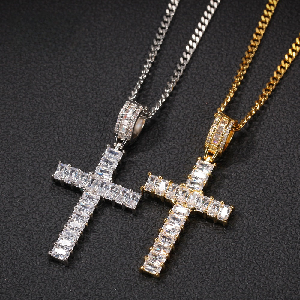 Iced Out Cross Pendant Necklace with Rectangular Cubic Zirconia, Gold or Silver Tone, 24 Inch Stainless Steel Rope or Cuban Chain product image