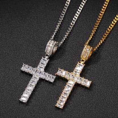 Iced Out Cross Pendant Necklace with Rectangular Cubic Zirconia, Gold or Silver Tone, 24 Inch Stainless Steel Rope or Cuban Chain