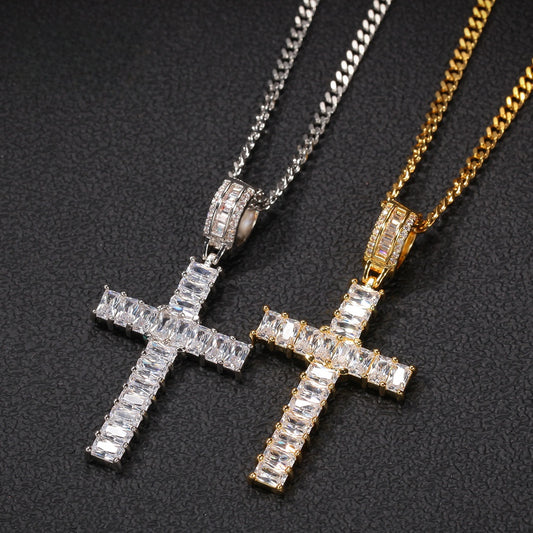 Iced Out Cross Pendant Necklace with Rectangular Cubic Zirconia, Gold or Silver Tone, 24 Inch Stainless Steel Rope or Cuban Chain