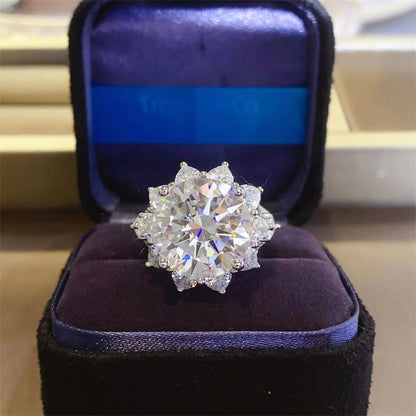 Moissanite Halo Ring for Women, 3 Carat or 10 Carat Flower Cluster Engagement Ring, White-Tone U-Shaped Band
