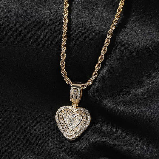 Iced Heart Pendant Necklace with Cubic Zirconia Twisted Rope Chain for Women