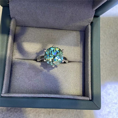 Green Moissanite Solitaire Ring, Six-Prong Round Stone, Sizes 9-19