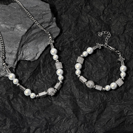 Hip Hop Vintage Cross Skull Pearl Bracelet for Men