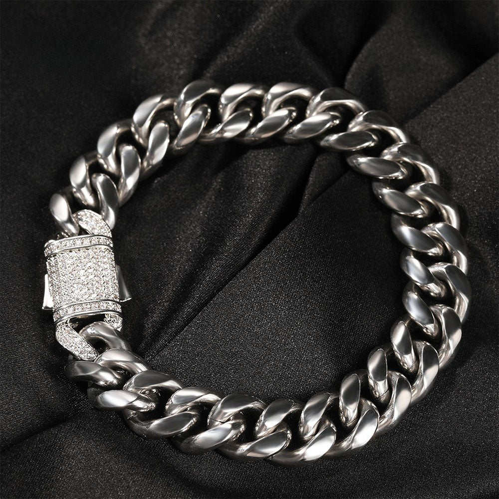 Unisex Iced Out Cuban Link Chain Bracelet Necklace in Stainless Steel with Cubic Zirconia Clasp