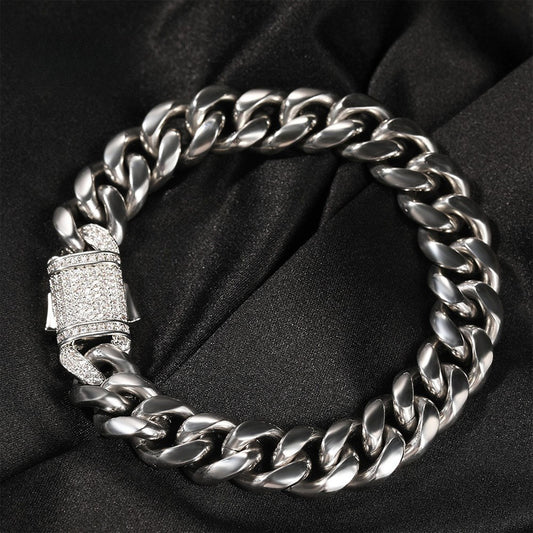 Unisex Iced Out Cuban Link Chain Bracelet Necklace in Stainless Steel with Cubic Zirconia Clasp
