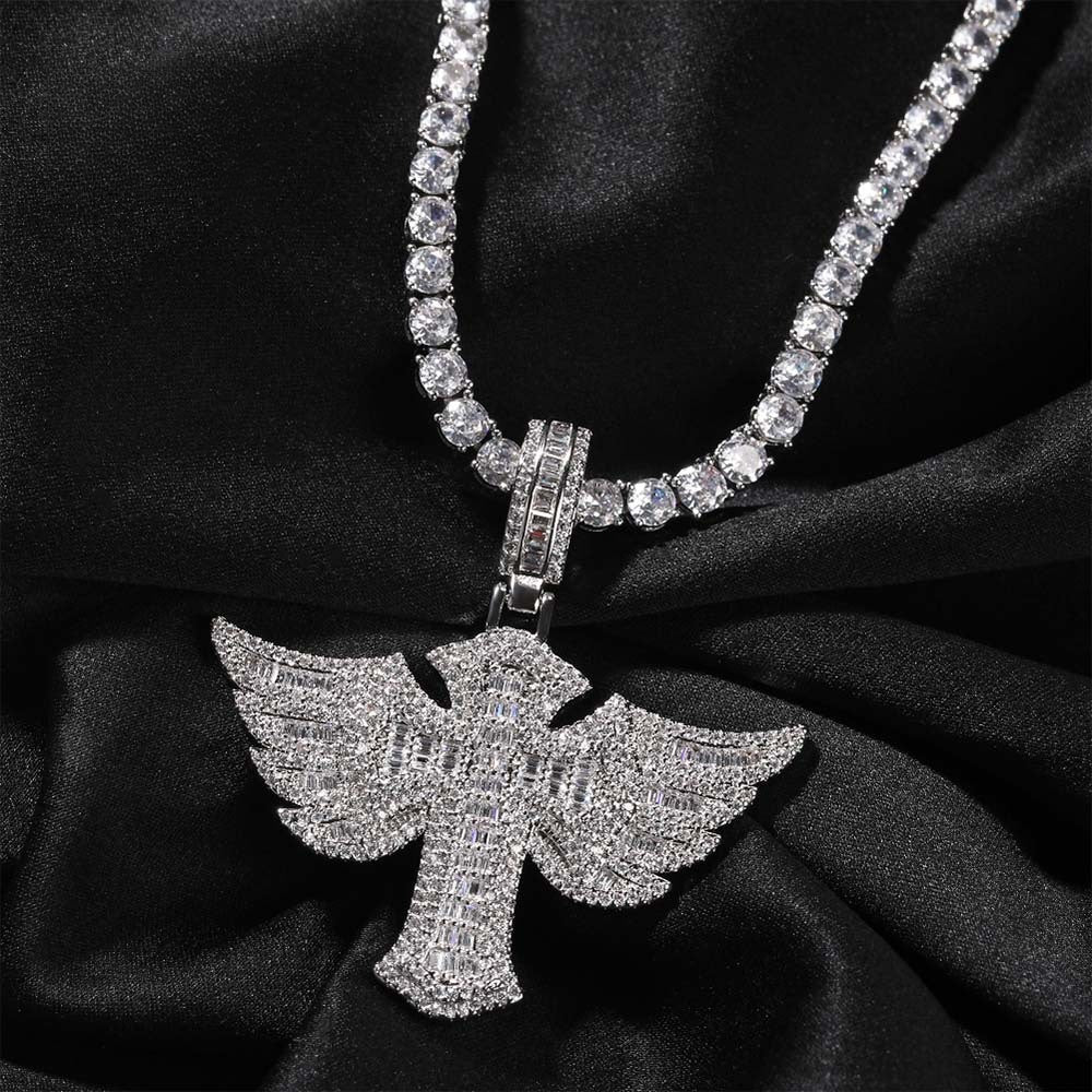 Men’s Iced Winged Cross Pendant Necklace with sparkling stones, Gold Plated Copper Chain, Hip Hop Statement Jewelry product image