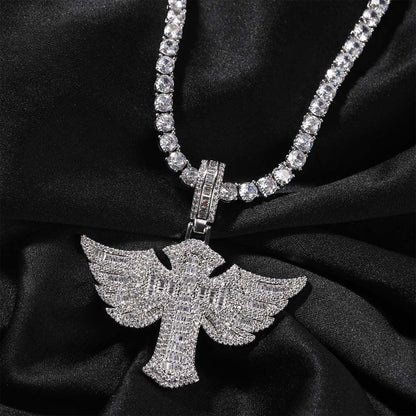 Men’s Iced Winged Cross Pendant Necklace with sparkling stones, Gold Plated Copper Chain, Hip Hop Statement Jewelry