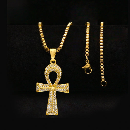 Gold Plated Iced Ankh Cross Pendant Necklace for Women & Men - Hip Hop Statement Chain with Cubic Zirconia