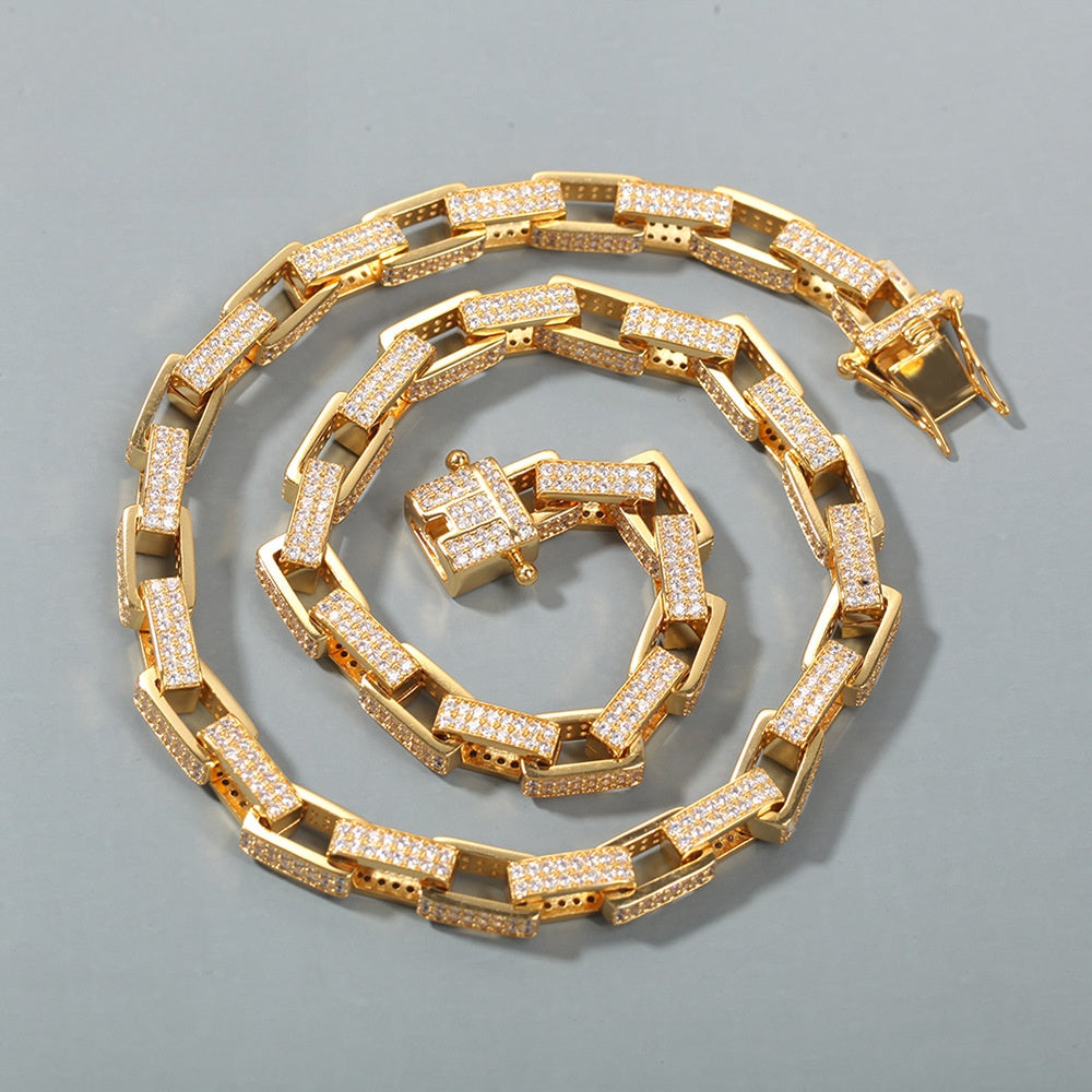 Gold Plated Cuban Link Chain Necklace & Bracelet with Cubic Zirconia Rectangle Links for Women and Men
