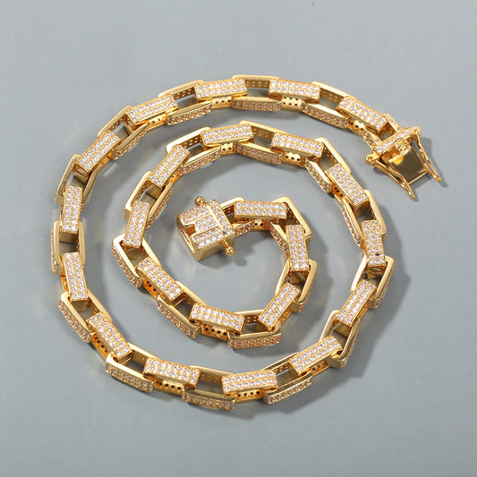 Gold Plated Cuban Link Chain Necklace & Bracelet with Cubic Zirconia Rectangle Links for Women and Men