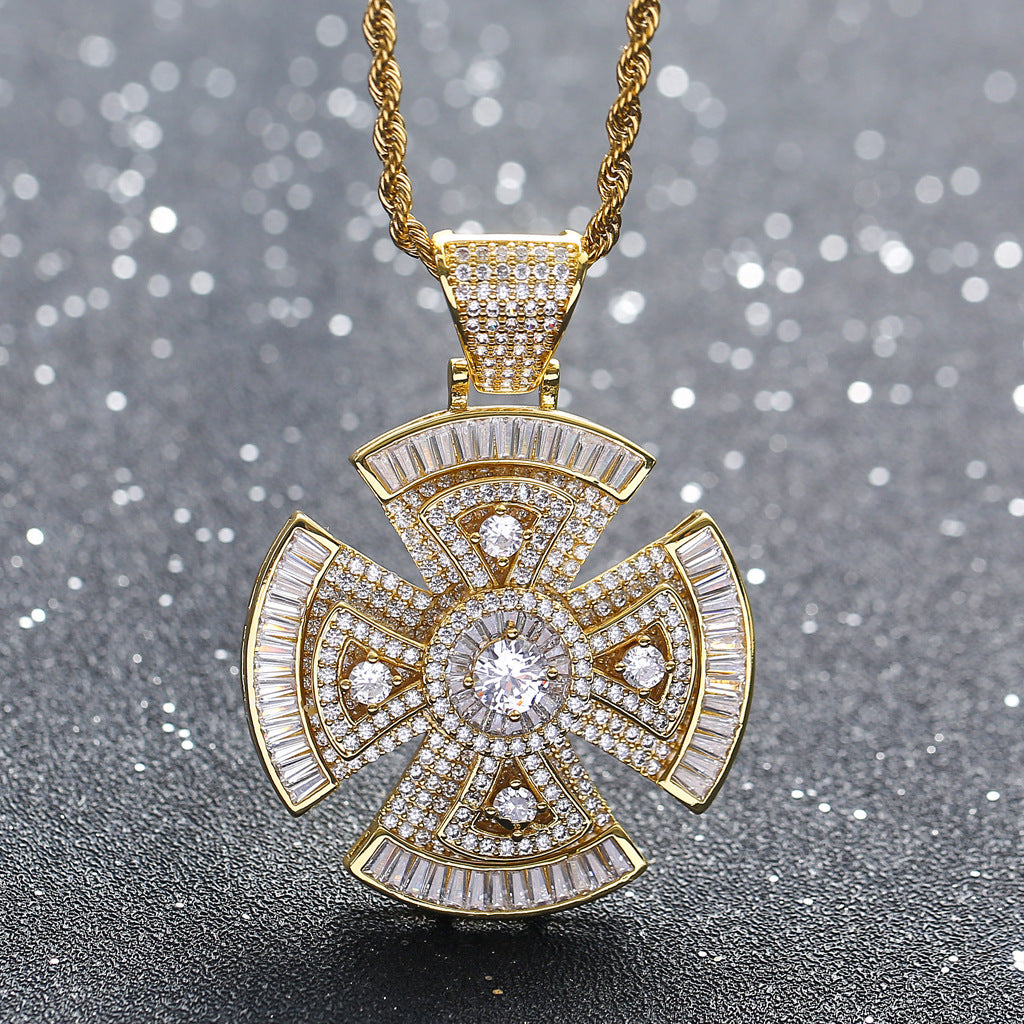 Hip Hop Light Luxury Cross Floral Geometric Copper Pendant Necklace for Men and Women